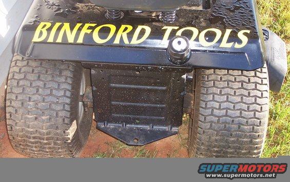 Rear view of a black lawnmower with yellow "BINFORD TOOLS" text and knobby tires