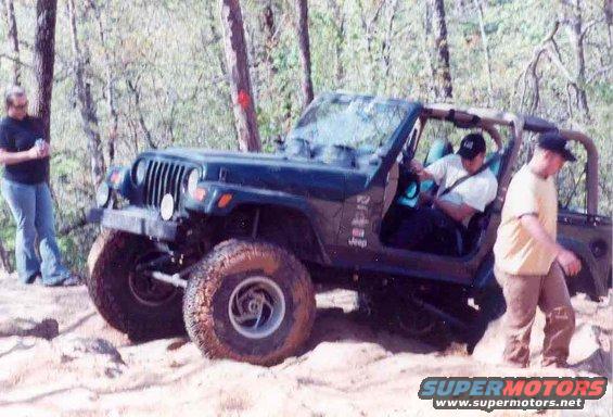 Dark green Jeep Wrangler on a dirt trail with two people nearby