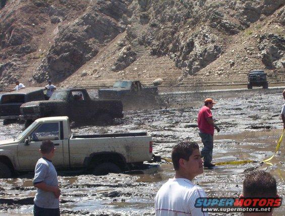 Several trucks are stuck in thick mud with people standing around