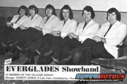 Group of men in white jackets and dark pants, identified as The Everglades Showband
