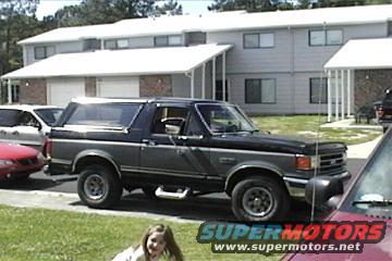 Dark gray and black Ford Bronco parked on a street, side view