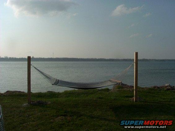 Hammock strung between two wooden posts on a grassy shore overlooking a body of water