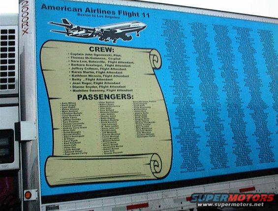 Truck side with a mural of American Airlines Flight 11 crew and passenger lists