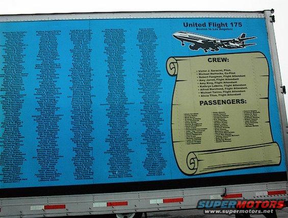 Truck side with United Flight 175 passenger and crew list, and airplane graphic