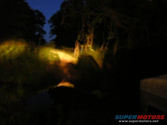 Headlights illuminate a dirt road at night, with trees on either side. Part of a vehicle is visible on the right