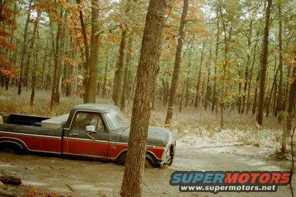 Ford pickup truck parked on dirt road in autumn woods