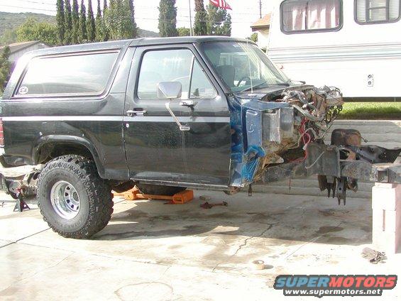 Black 1981 Ford Bronco, front end removed, side view