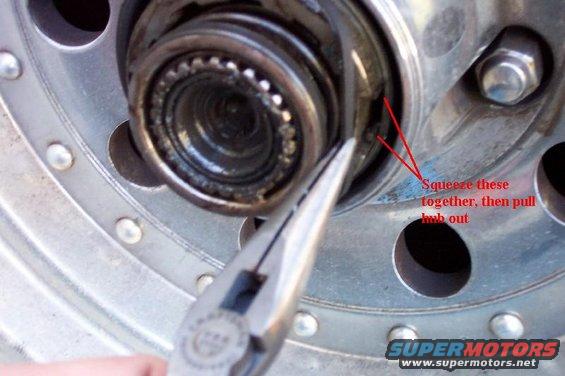 Remove the rubber seal, then squeeze the tabs together and pull the hub out