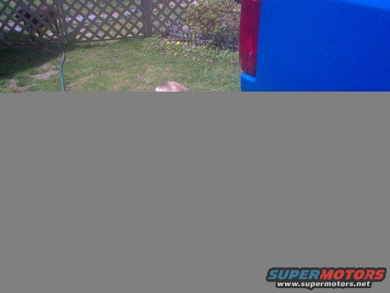 blue pickup truck rear quarter panel and taillight, parked in a grassy yard with a wooden fence