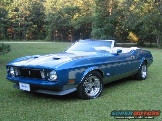 Blue 1973 Ford Mustang convertible parked on grass. It has racing stripes on the hood and side