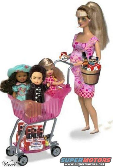 Barbie doll pushing a shopping cart with three smaller dolls and groceries, including beer and cigarettes