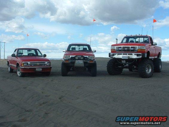 Stock S-10, 4" lift and 33's on the Yota, my truck.