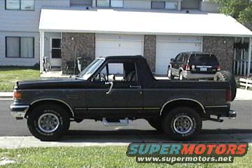 Dark gray two-door Ford Bronco with a black top, spare tire on rear, parked on street
