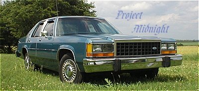Teal 1987 Ford Crown Victoria LTD 3q-front view with 'Project Midnight' text overlay
