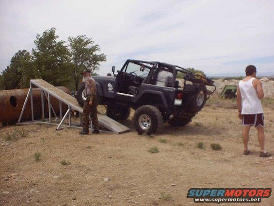 Dark blue Jeep Wrangler on a ramp with a man standing nearby
