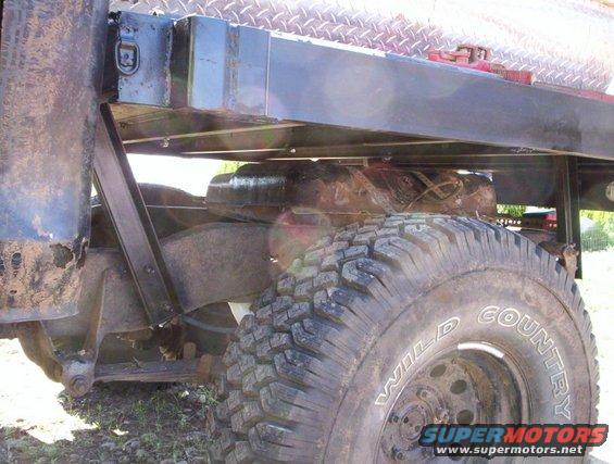 Close-up of a truck's rear tire and chassis components, including leaf springs and fuel tank