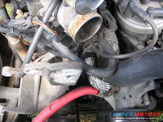 110_1033.jpg I shaved the ends on the elbow hose where the ends had frayed and bubbled allowing the hose to leak.  cut off about 1/2 inch on either end.  Used some metal hose protector and electrical tape to clean things up a bit, and to provide a little protection to the hose.  had enough tube to fit back on like a glove.