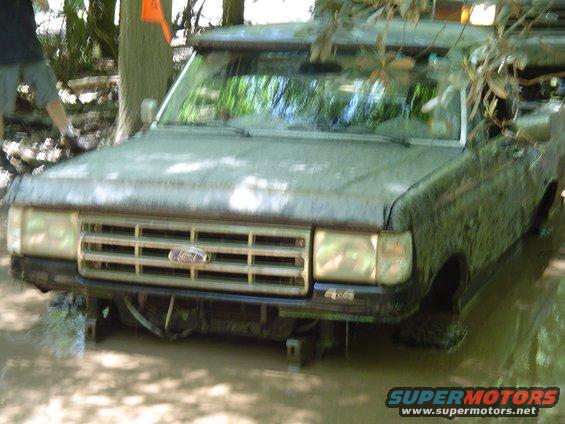 Mud-covered 1987 Ford Bronco front view stuck in mud, with orange flag on tree