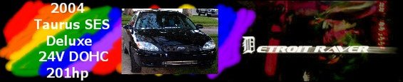 Black sedan, front quarter view. Text indicates 2004 Taurus SES Deluxe 24V DOHC 201hp
