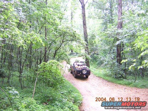 Dark SUV with spare tire on rear, driving on a dirt road through a forest
