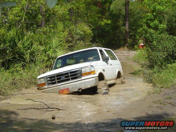 White Ford Bronco stuck in a muddy water hole, front grille visible