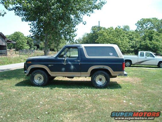 Dark blue and tan Ford Bronco parked on grass, side view