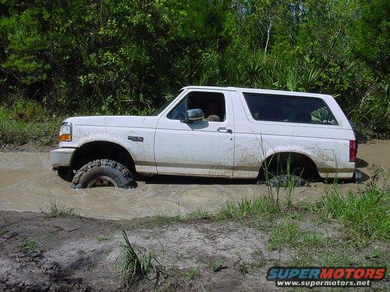 White Ford Bronco stuck in mud, front wheel submerged