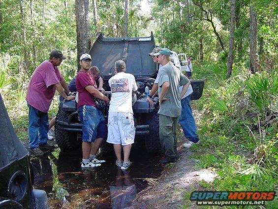 Group of men gathered around the open hood of a Jeep, appearing to work on the engine. Another Jeep is visible in the background