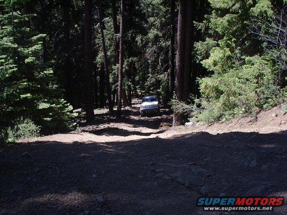 White 1978 Ford Bronco driving on a rocky, dirt road through a dense forest