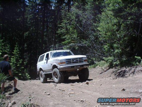 White Ford Bronco on a dirt trail in the woods. A person stands to the left