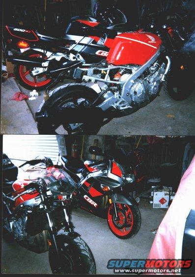 Two red and black Honda CBR motorcycles in a garage