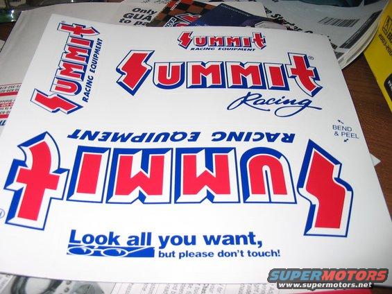 Sheet of Summit Racing Equipment decals with various logos and the phrase 'Look all you want, but please don't touch!'