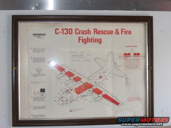 Framed diagram of a C-130 aircraft highlighting areas for crash rescue and fire fighting
