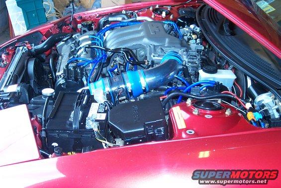 Engine bay with aftermarket blue spark plug wires and intake piping