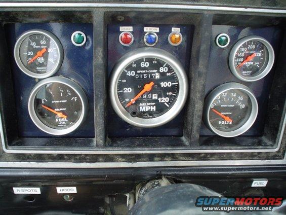 gauges, lights that arent hooked up yet and I may have to get a new blue one since that one got between a tire/rim and a hard place.