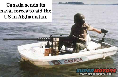 Man in a small boat with a machine gun, text on boat says CANADA