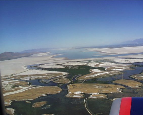 Aerial view of salt flats with water channels and distant mountains under a clear blue sky