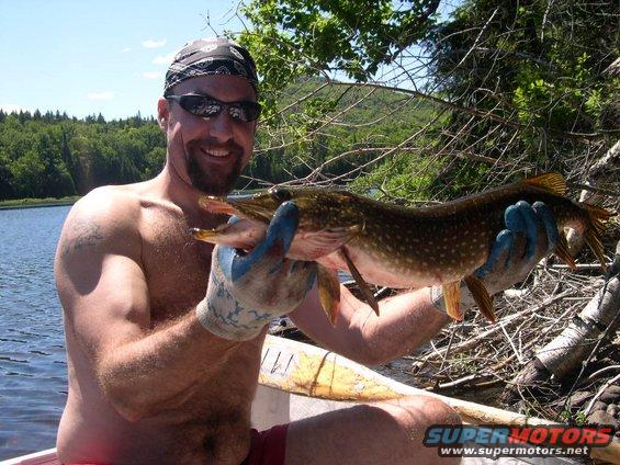 Man in a boat holds a large, spotted fish with open mouth and sharp teeth. He wears sunglasses and a bandana