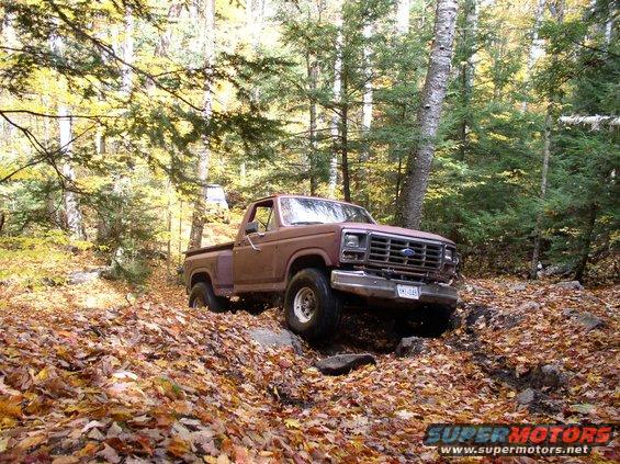 Brown 1980 Ford F-100 driving on a leaf-covered trail in the woods