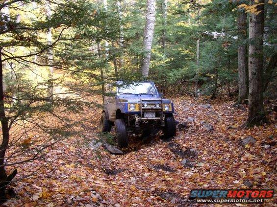 Blue off-road vehicle with yellow accents on a leaf-covered forest trail