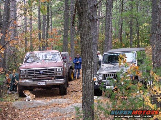 Red Ford Bronco and gray Jeep parked on dirt trail in woods. Dog sits in front of Bronco
