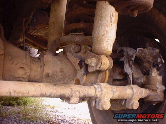 Close-up of rusty front suspension parts and shock absorber on a vehicle