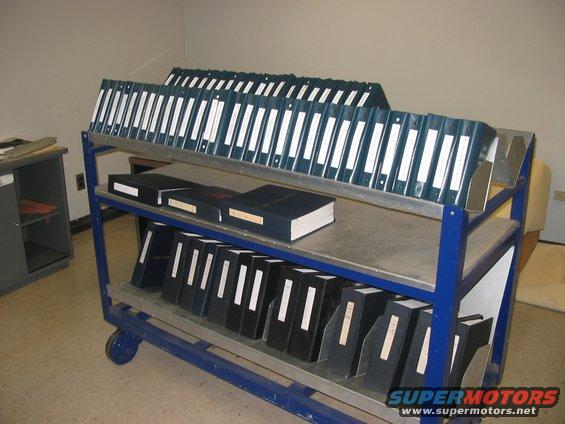 Blue metal cart holding rows of binders and books on shelves