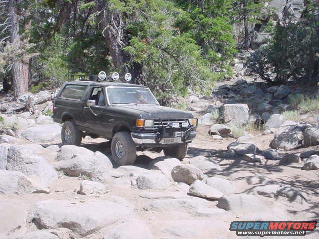 Dark gray Ford Bronco navigating a rocky trail with trees in the background