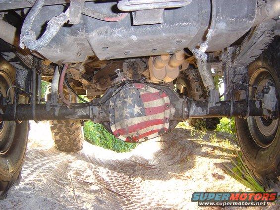 Rear differential cover with American flag design on a vehicle