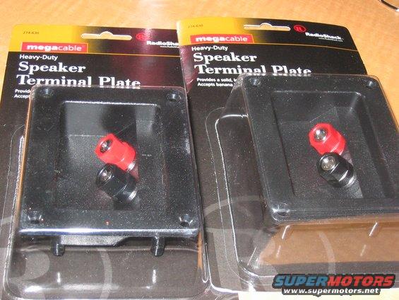 Two packaged speaker terminal plates with red and black binding posts