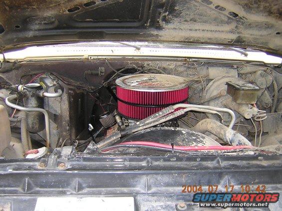 Engine bay of a 1984 Chevrolet Blazer with a red air filter and visible engine components