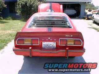 Red 1978 Ford Mustang II rear view, louvred rear window, black racing stripes, California plate 78MACH1