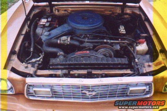 1978 Ford Mustang II engine bay with blue air cleaner and V8 engine