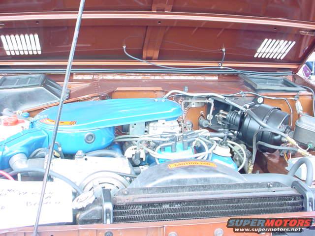 1979 Ford Bronco engine bay with blue air cleaner and brown paint
